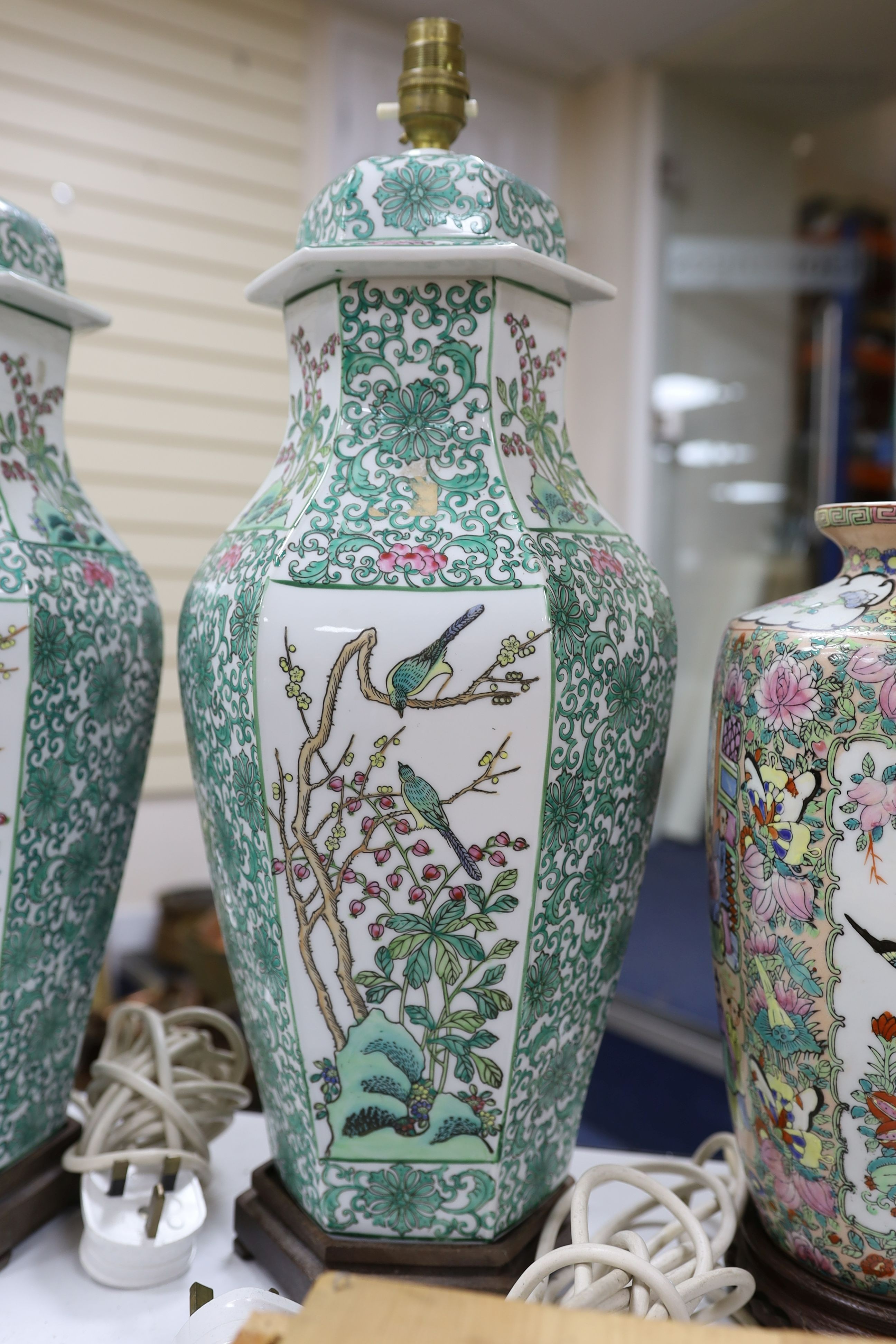 A pair modern Chinese famille rose verte vase lamps, 53cm tall, a famille rose example and Cloisonne vase (4)
